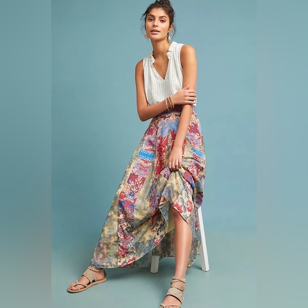 Anthropologie Hemant & Nandita Red Gold Blue Floral Louvre Maxi Skirt SZ L